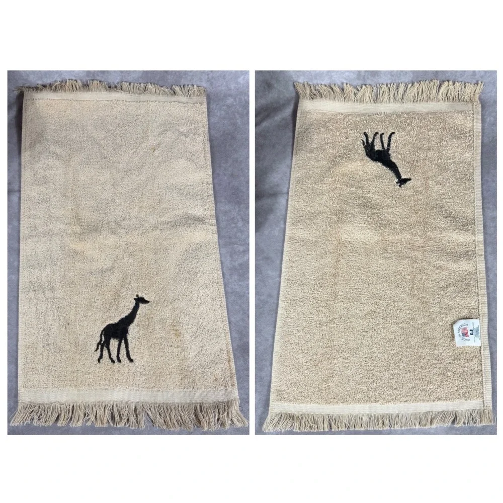 Vtg Avanti Safari Animal Embroidered Fringe Towel Set 5pc Beige Black Cotton USA